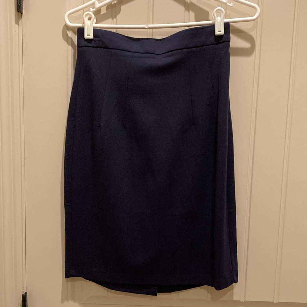 Mary Crafts Womens Size M Pencil Skirt Navy Blue Zipper in Back Vent Stretch